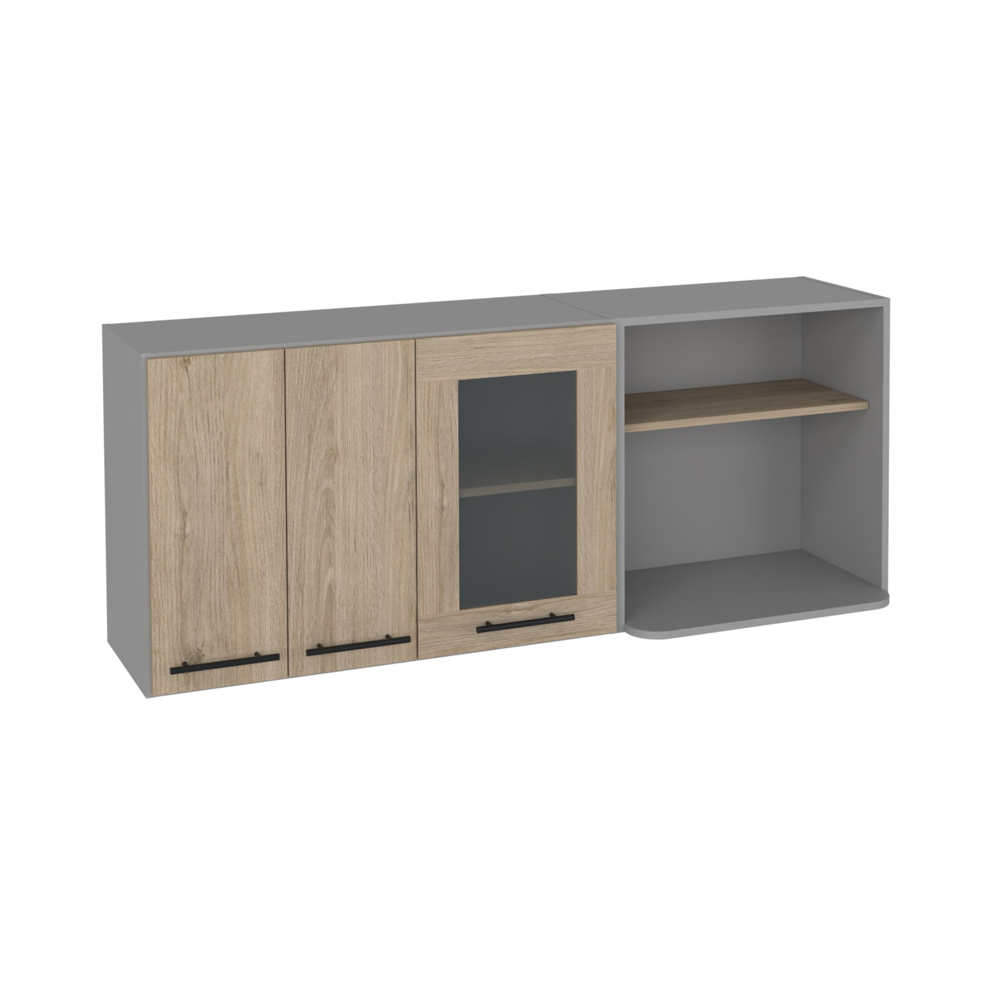 Gray and wood grain wall cabinet with glass door