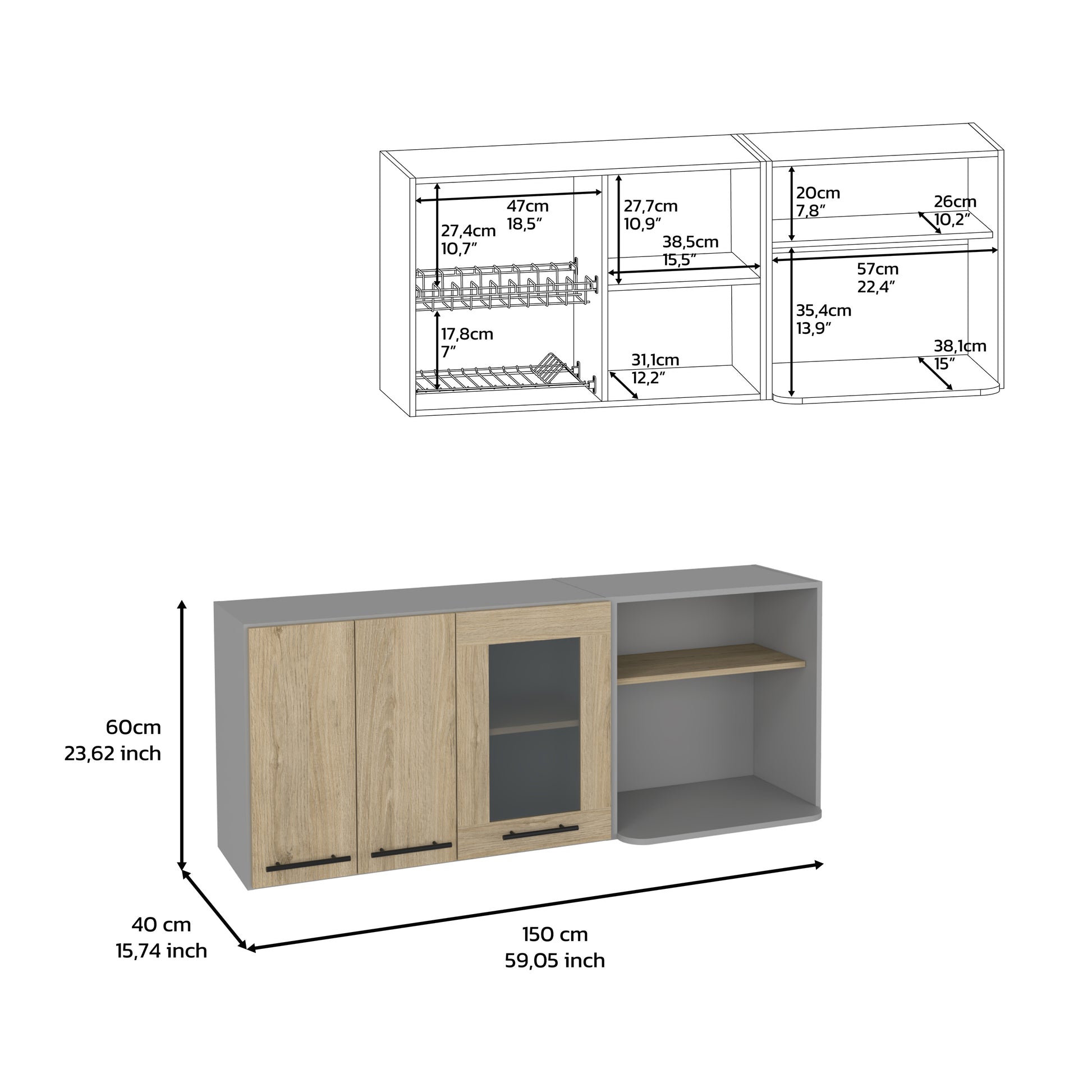 Kitchen wall cabinet with light oak doors and grey frame