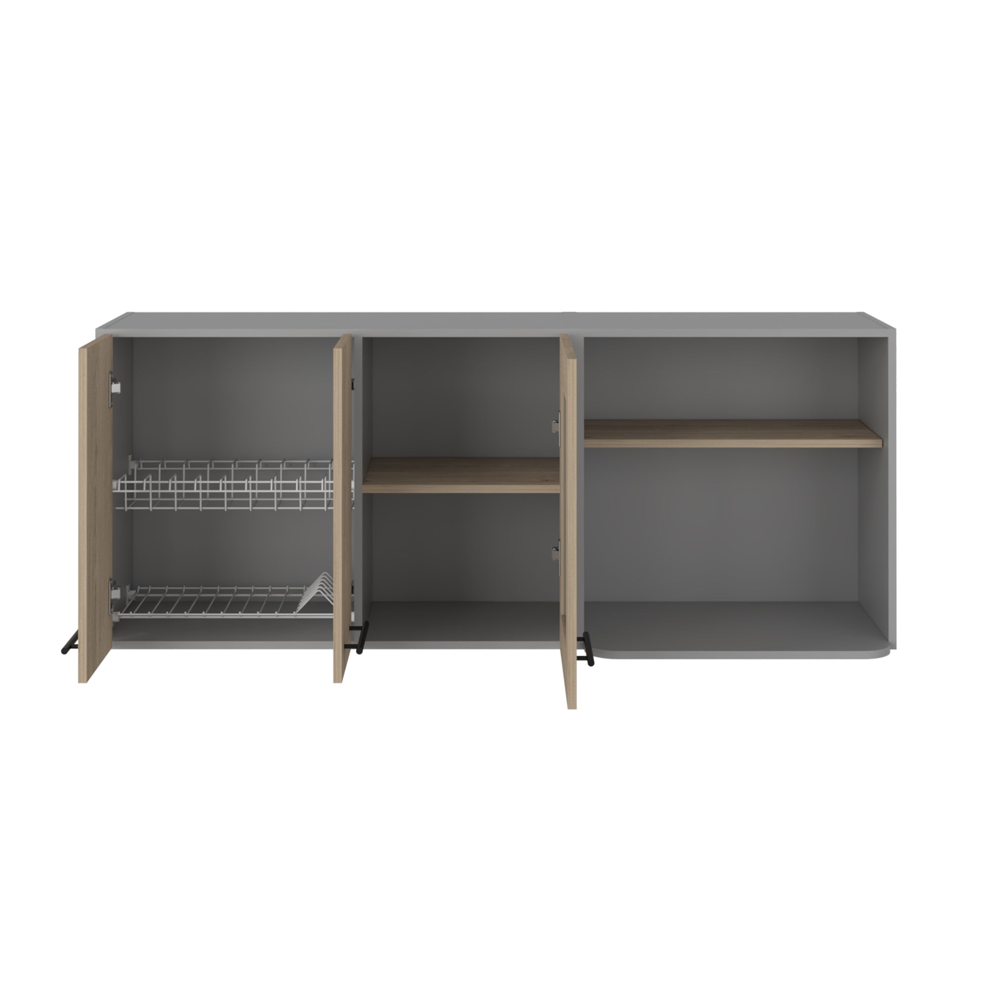 Grey modern sideboard with oak wood doors and chrome dish rack