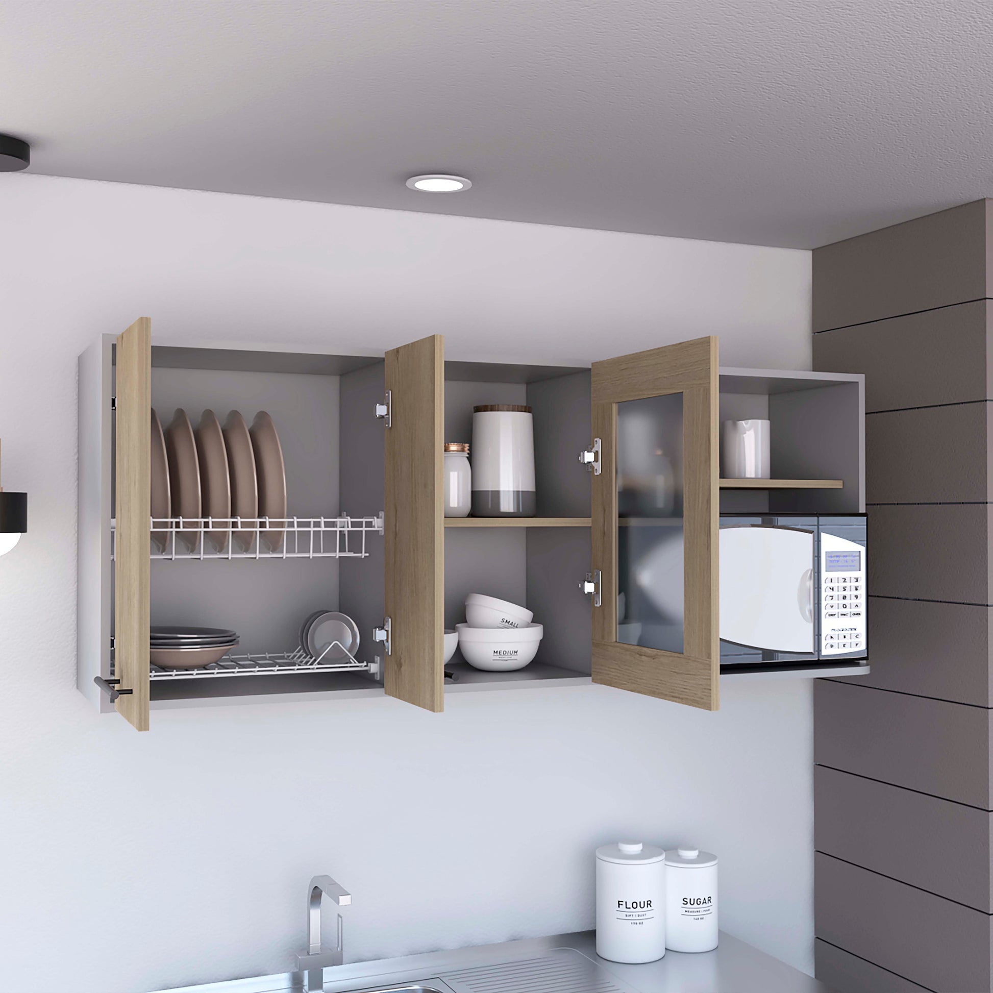 Brown plates stacked on a wire rack inside a modern kitchen cabinet