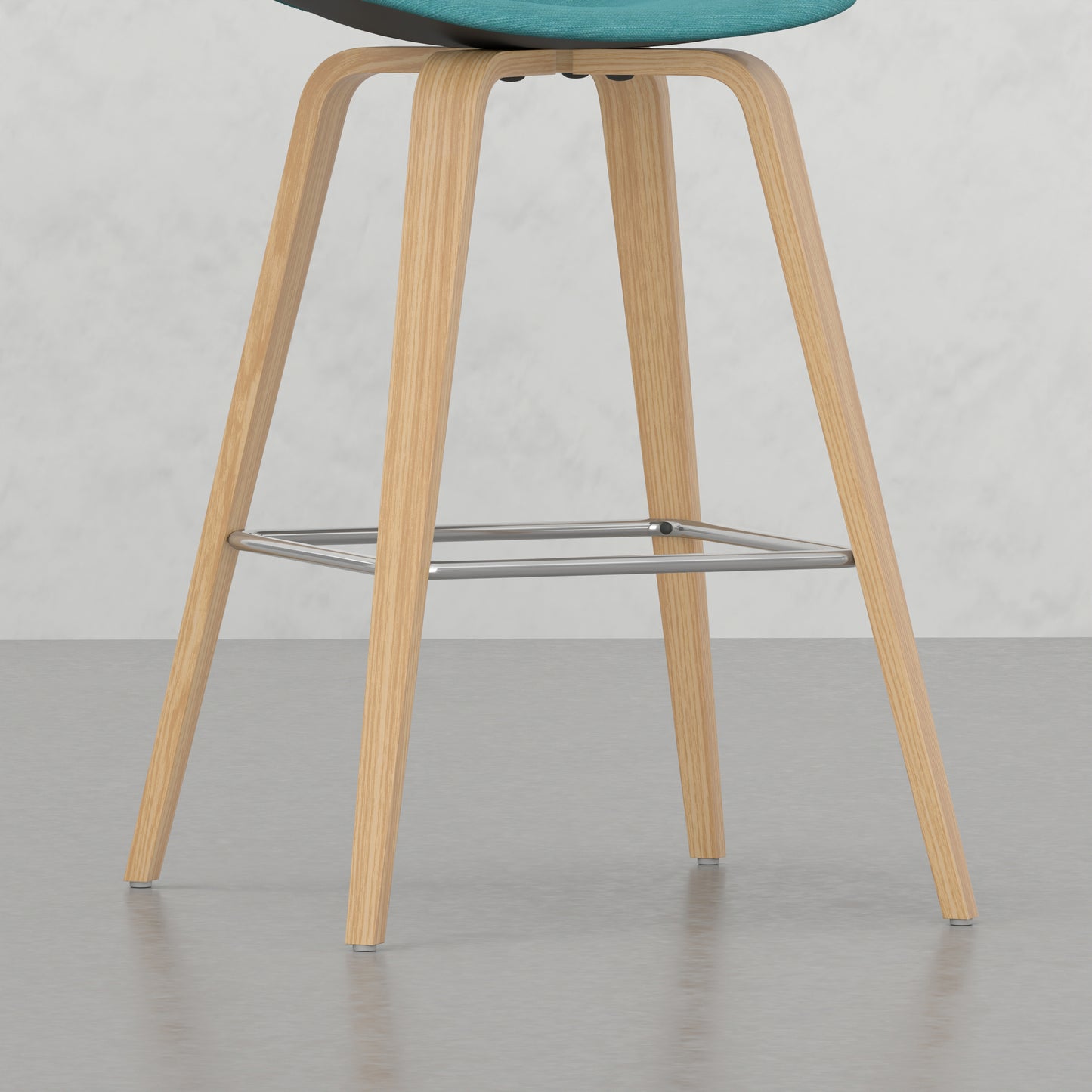 Turquoise fabric bar stool with molded plywood seat and wooden legs