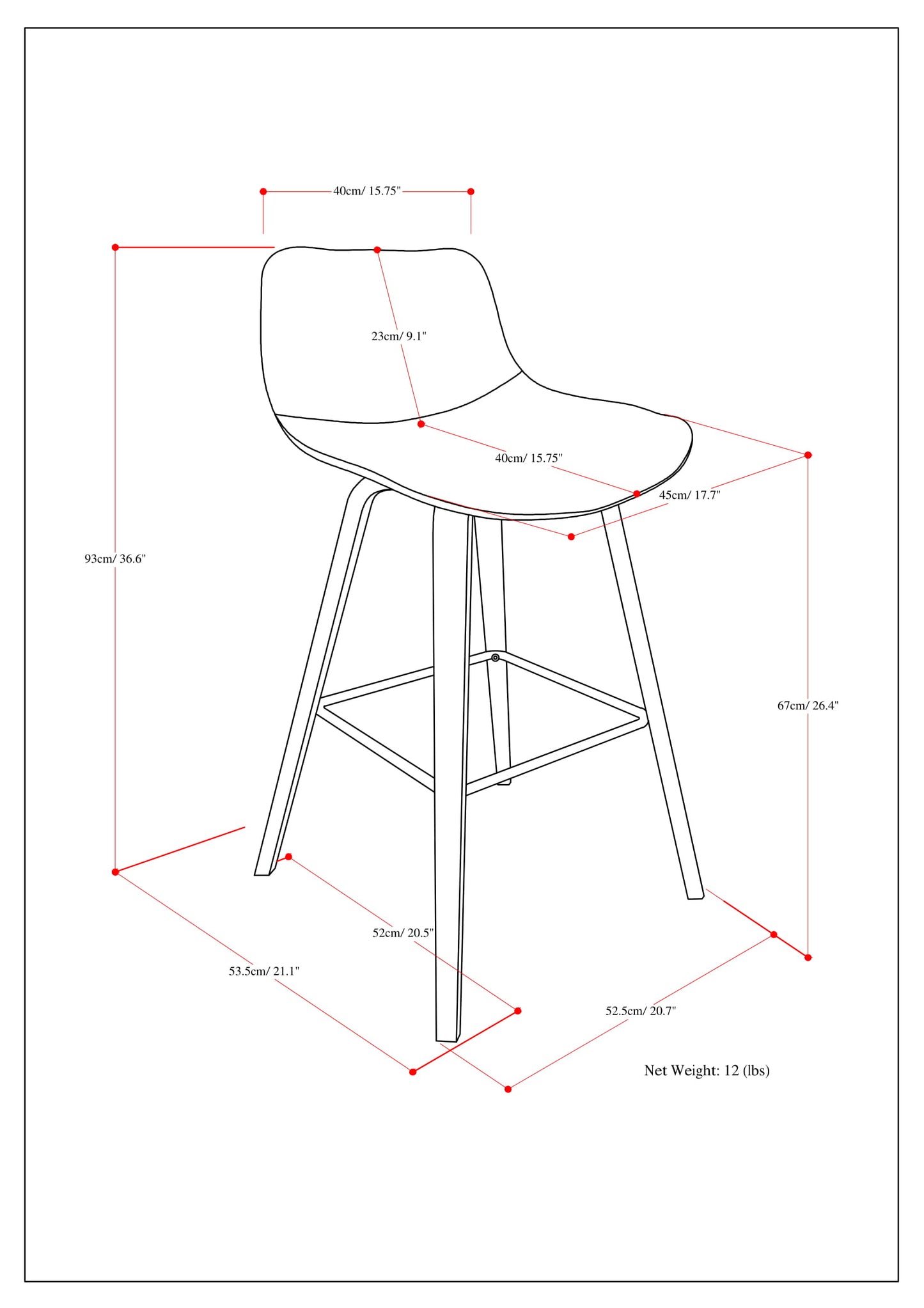 Line drawing of a modern counter stool with dimensions