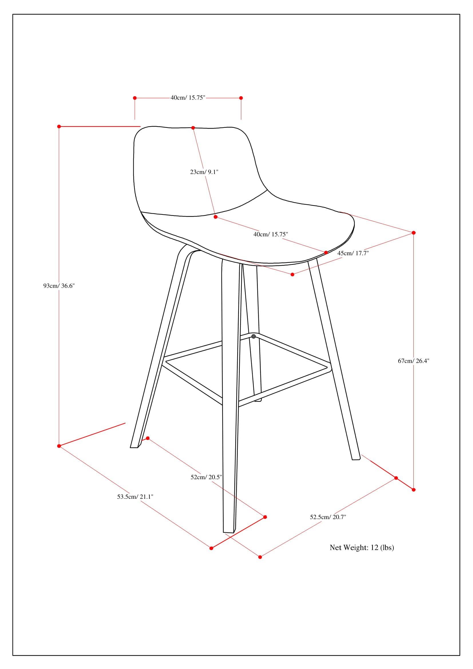 Line drawing of a modern counter stool with dimensions