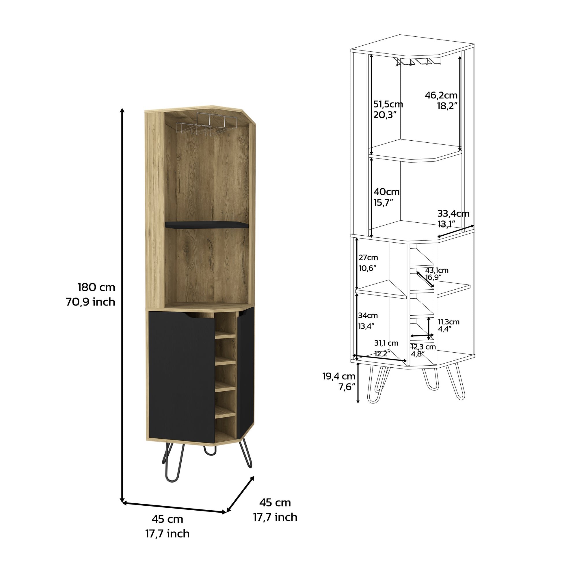 Corner bar cabinet with wood finish and black door