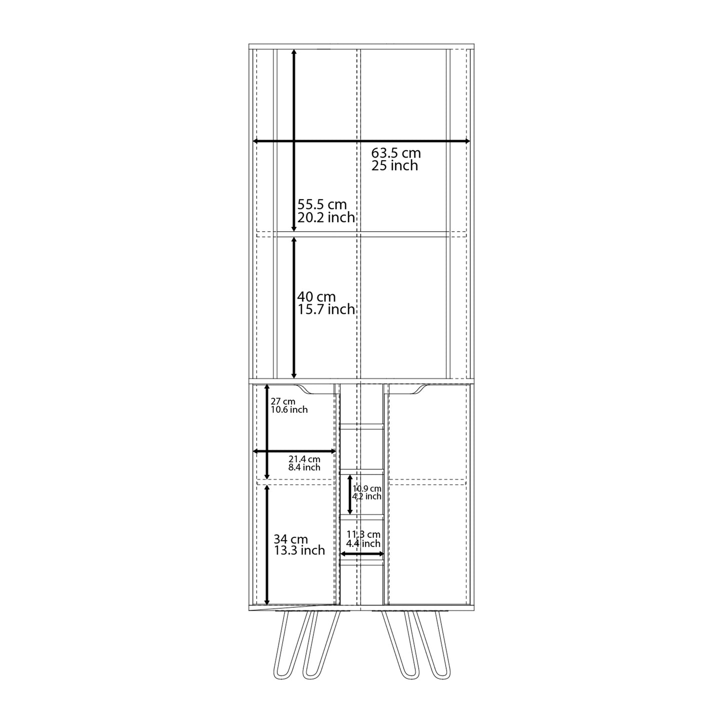 Line drawing showing dimensions of a white bookcase with angled legs