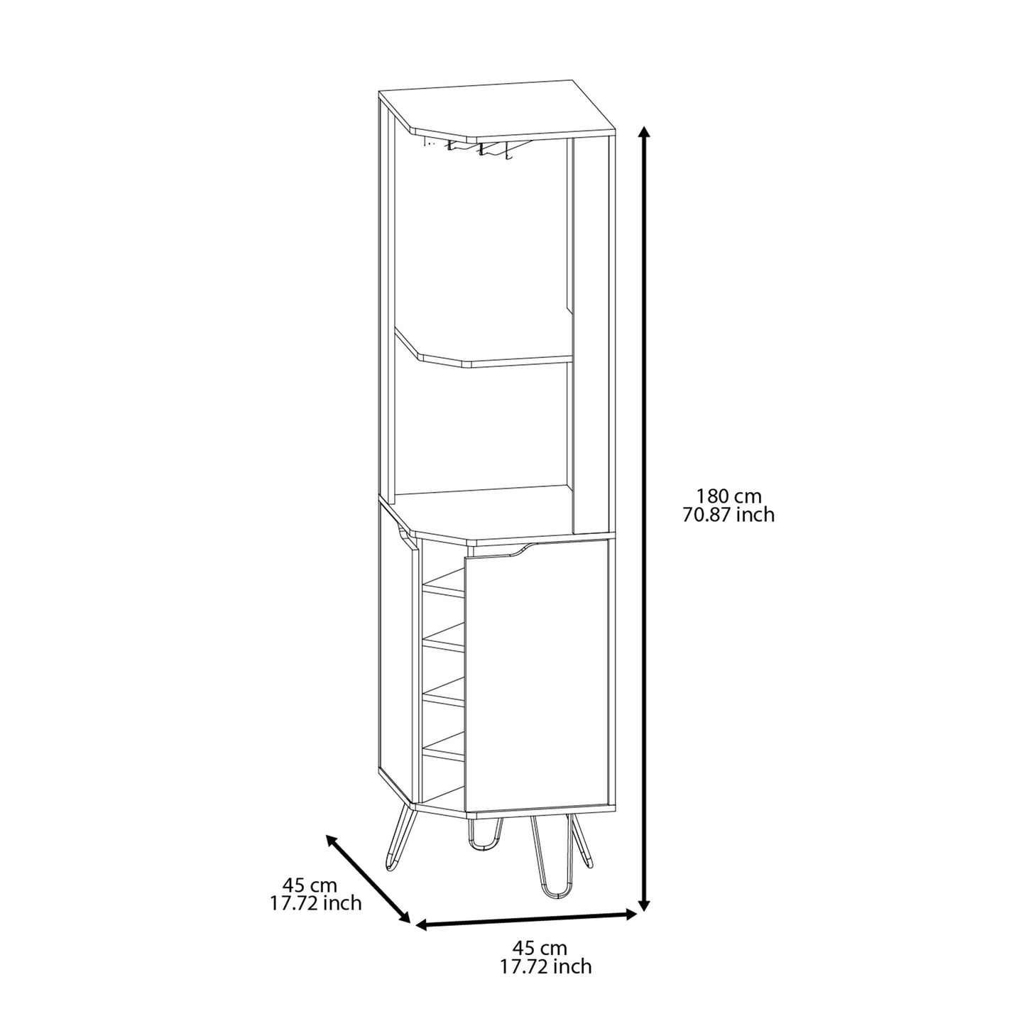 Corner accent cabinet with open shelves and hanging hooks