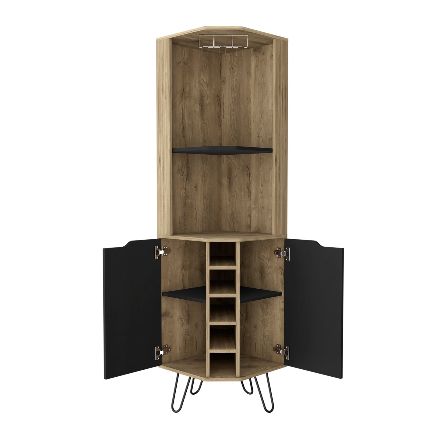 Modern corner bar cabinet in light wood grain finish with black doors and wine rack