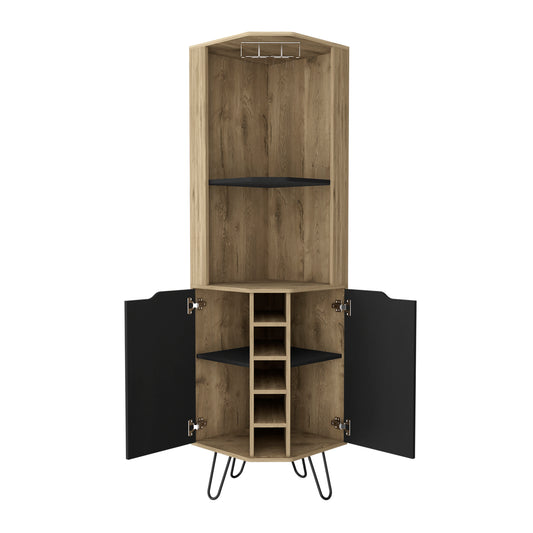 Modern corner bar cabinet in light wood grain finish with black doors and wine rack