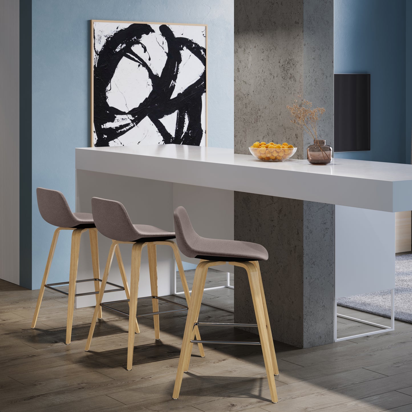 Grey upholstered bar stool with light wood legs and footrest