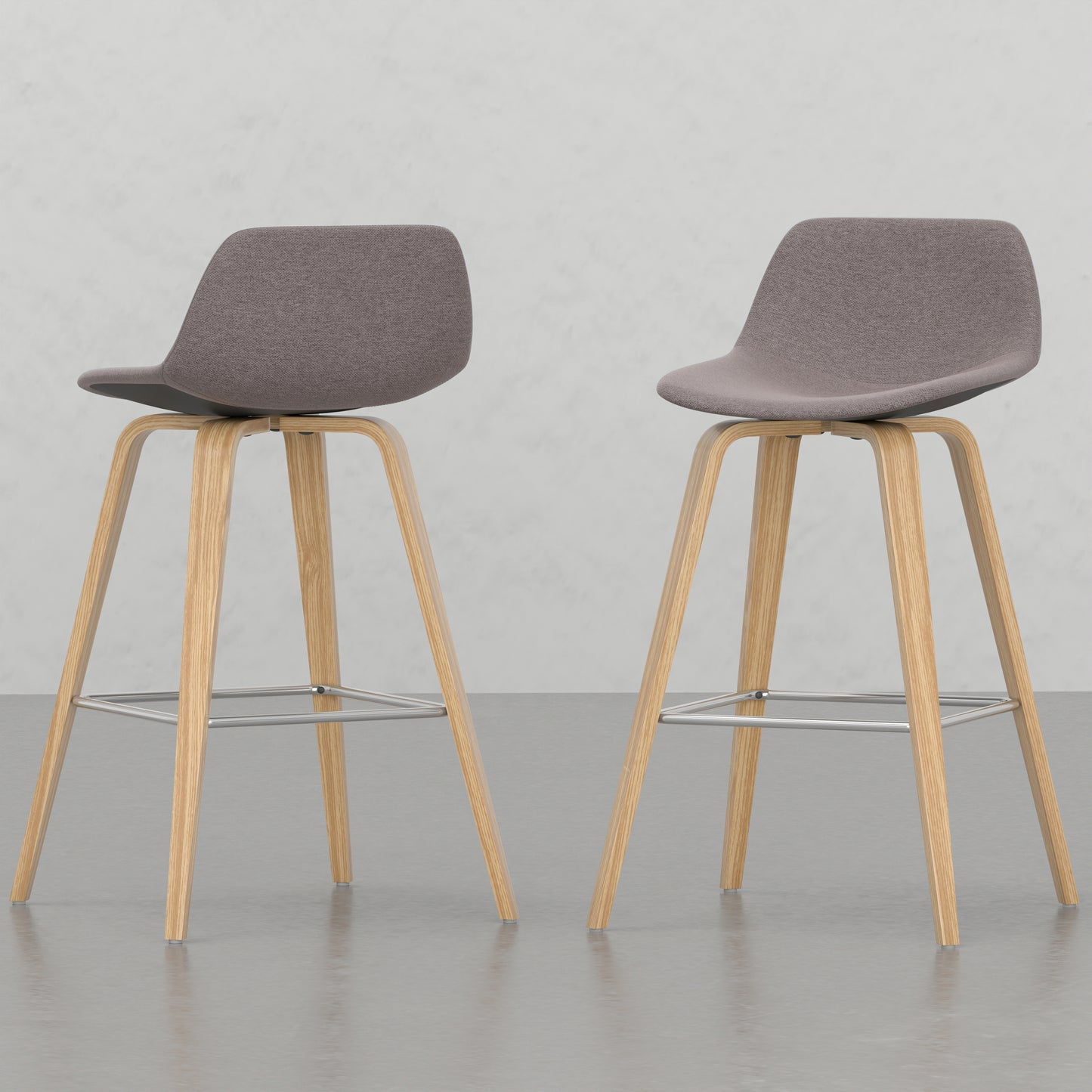 Grey upholstered bar stool with light wood bentwood legs
