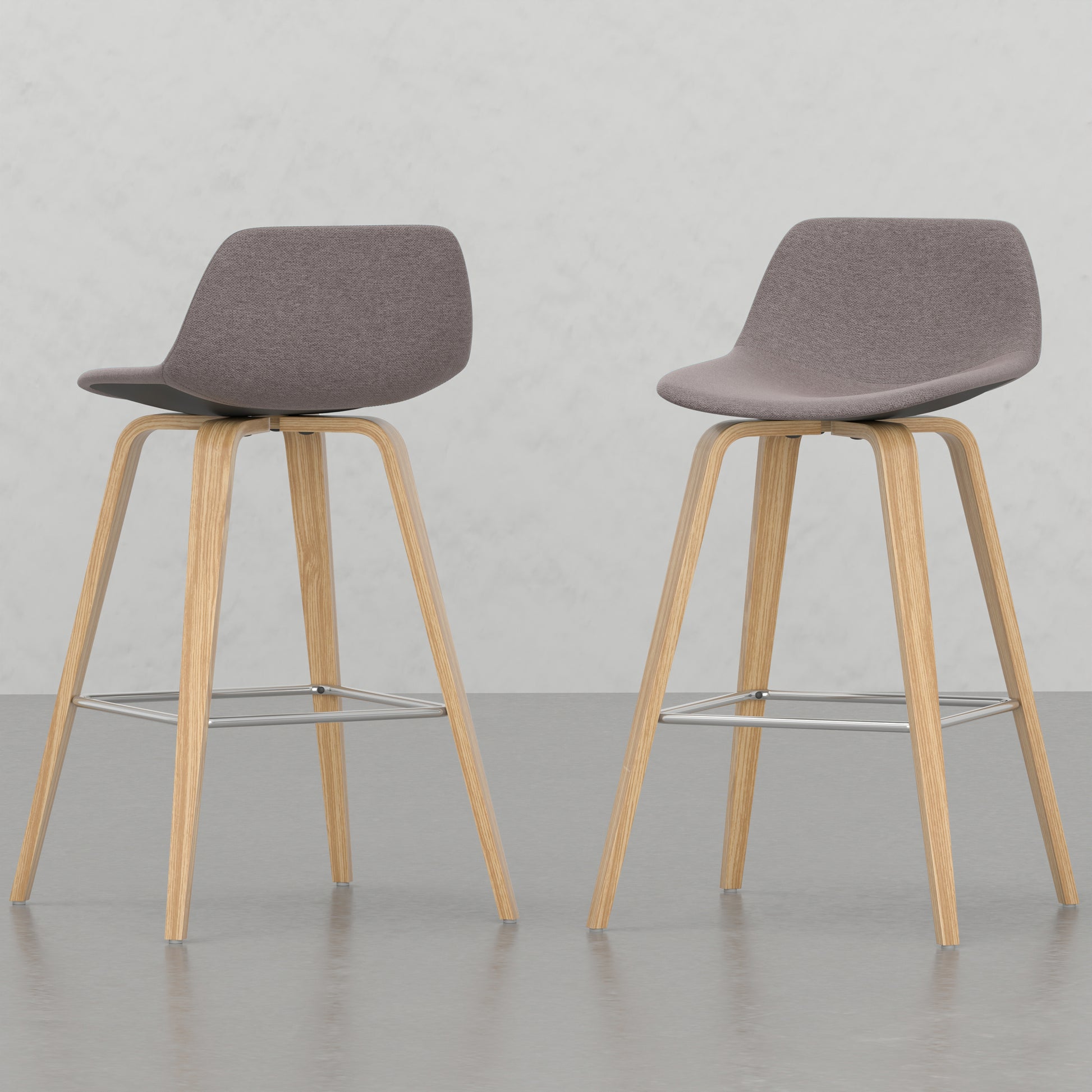 Grey upholstered bar stool with light wood bentwood legs