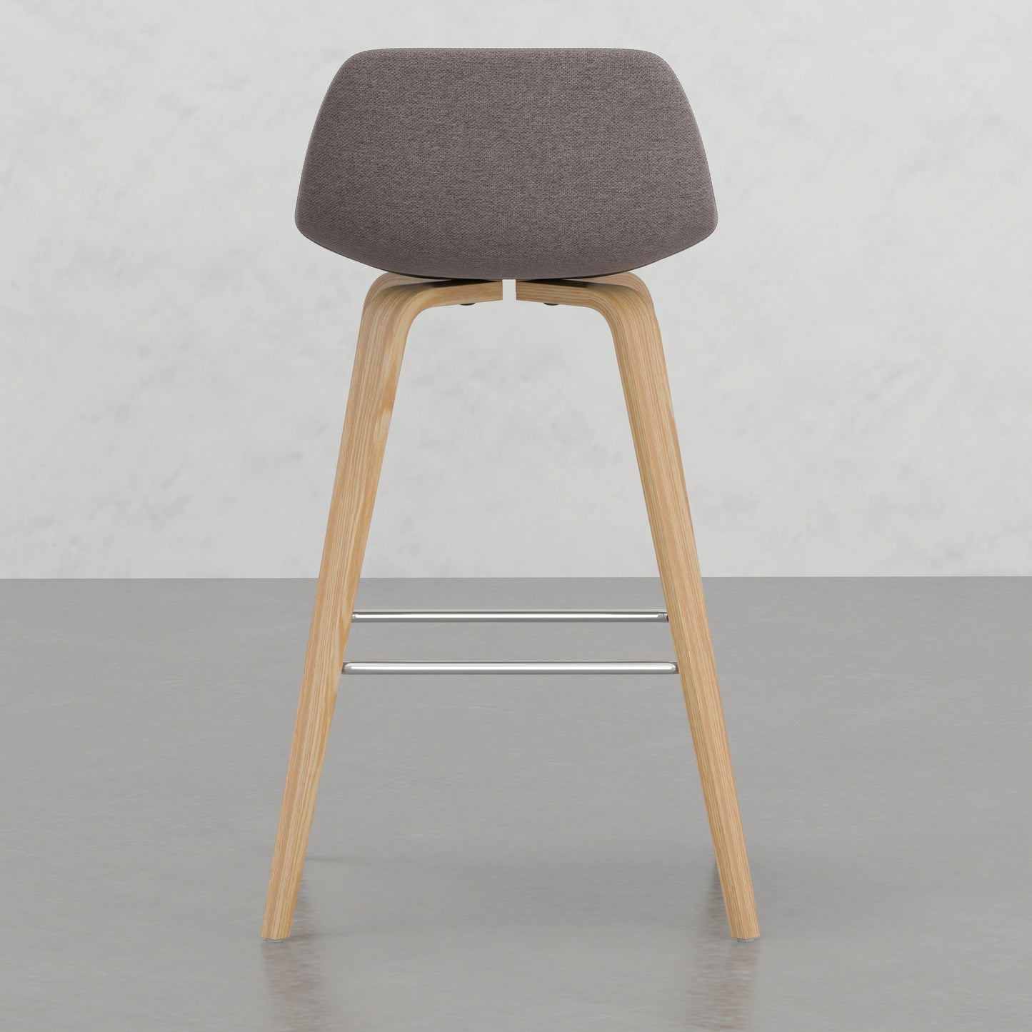 Modern grey fabric bar stool with natural wood legs and chrome footrests