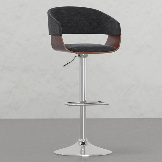 Dark gray fabric bar stool with curved wood back and chrome base