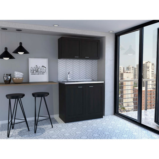 Dark wood kitchen cabinet with stainless steel sink
