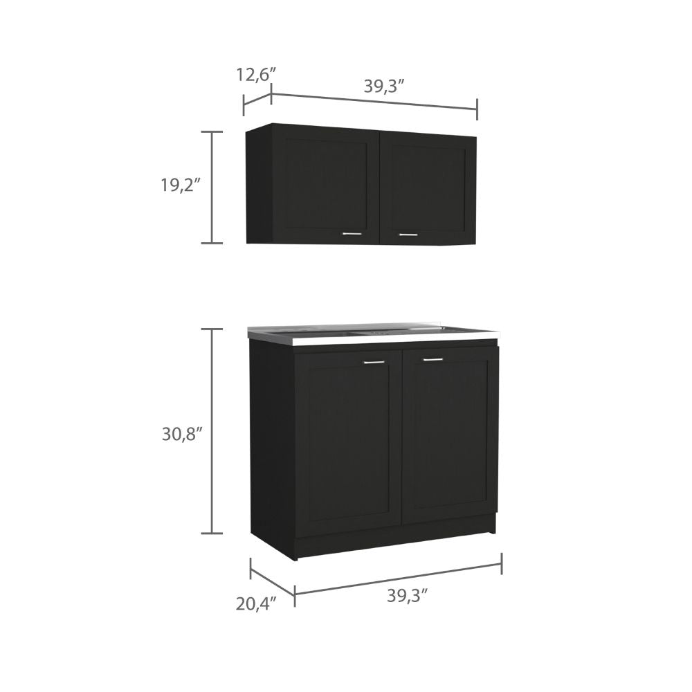 Black kitchen cabinet set with sink basin and overhead storage