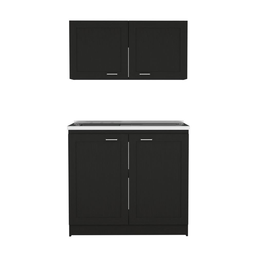 Black modern kitchen cabinet set with stainless steel handles