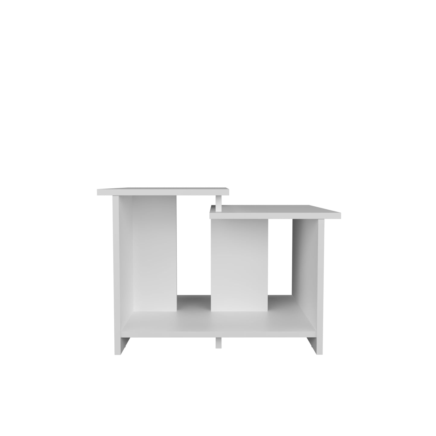 Modern white particleboard end table with tiered shelves and geometric design