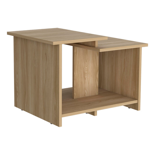 Modern light oak wood coffee table with open shelf and staggered top