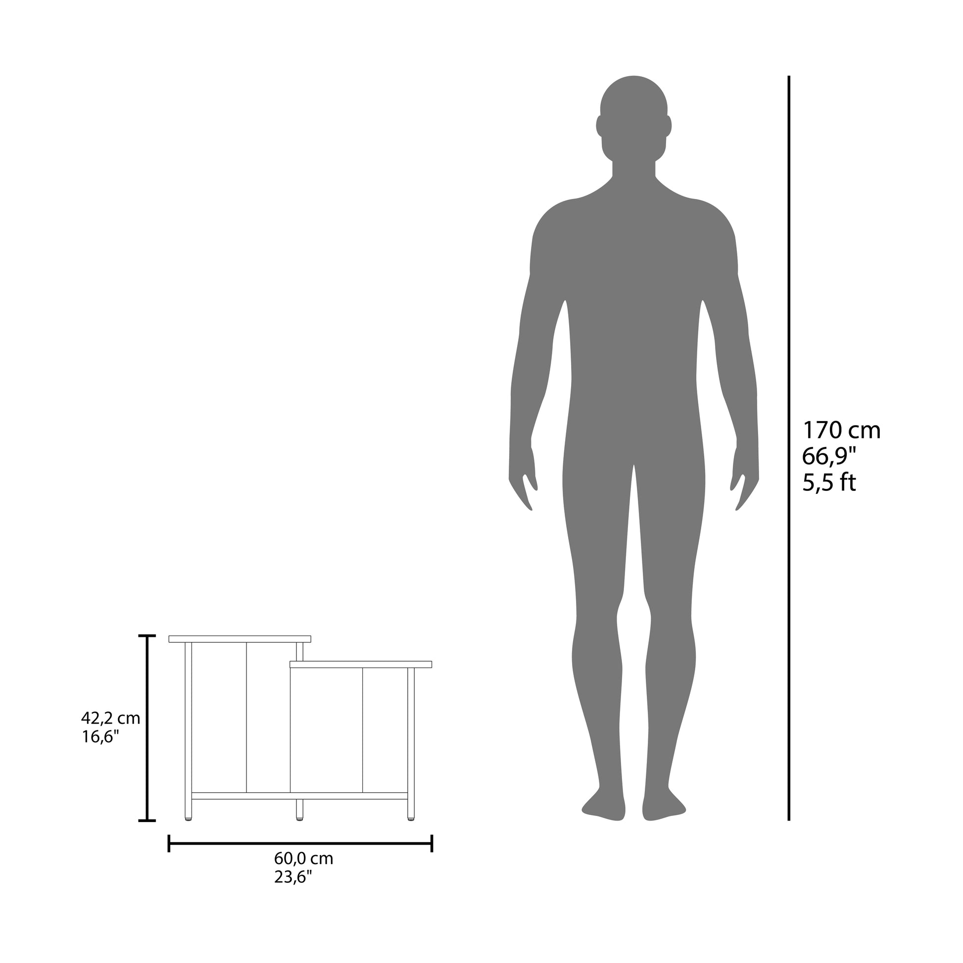 Twotiered white accent table shown to scale with a cm figure