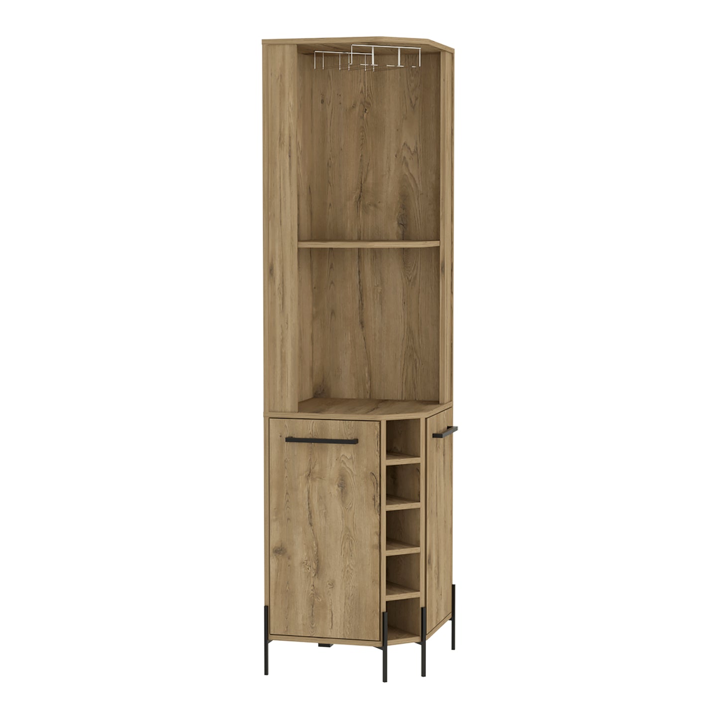 Tall corner bar cabinet with oak wood finish and black metal legs