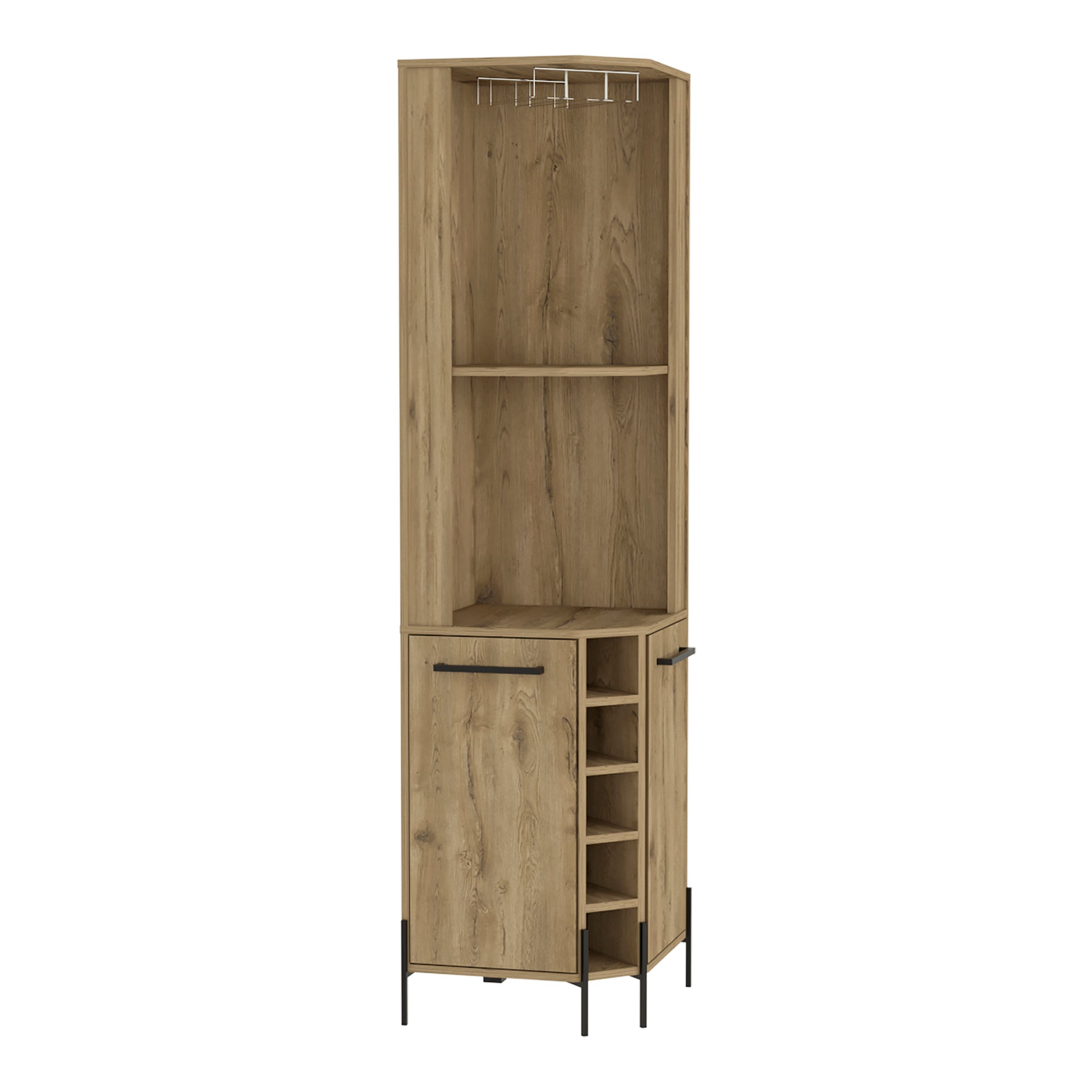 Tall corner bar cabinet with oak wood finish and black metal legs