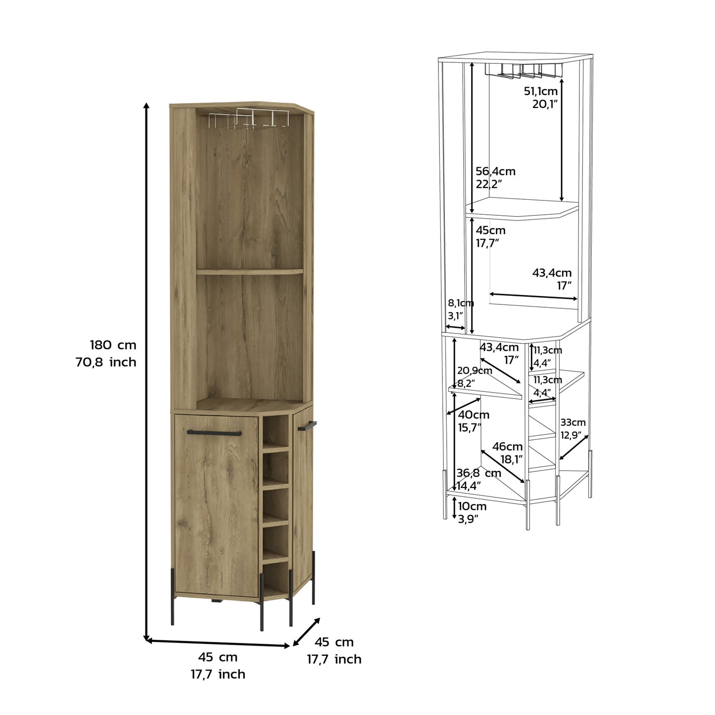 Tall wooden corner bar cabinet with wine rack and glass holder