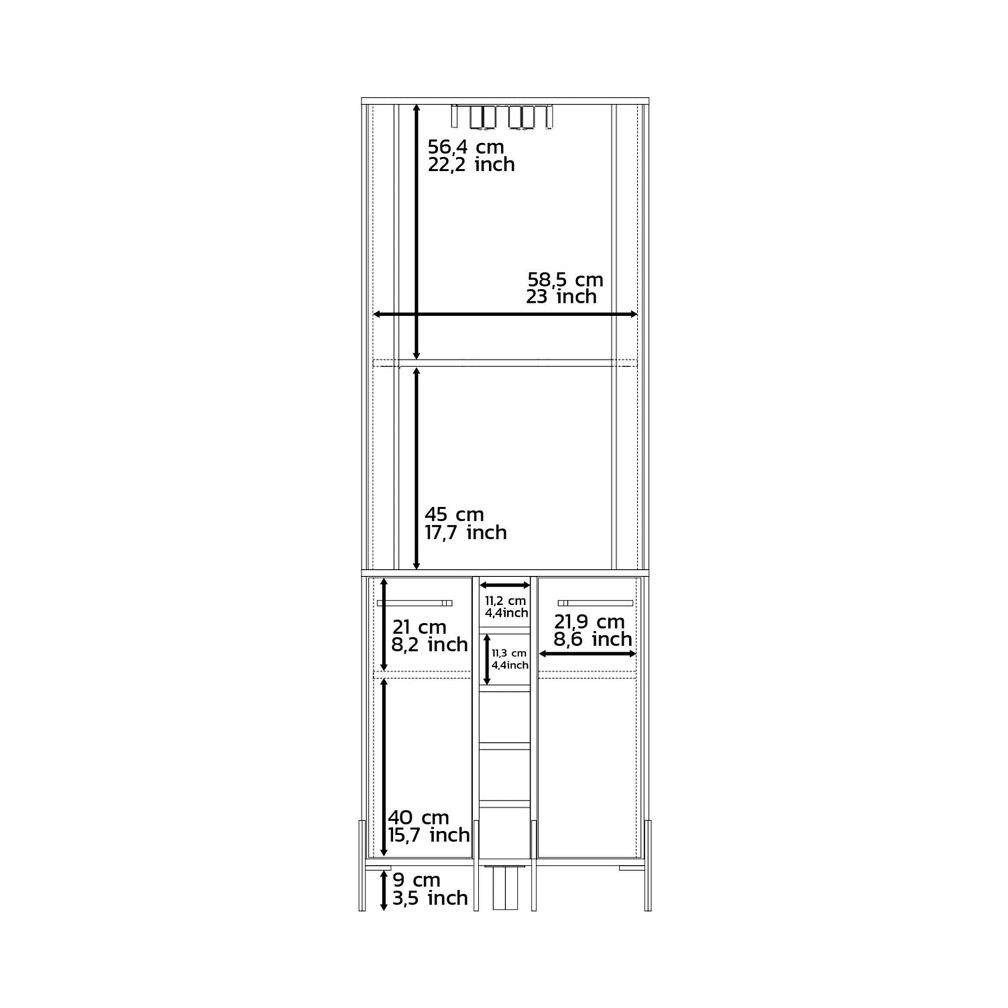 Blueprint diagram of a narrow storage cabinet showing dimensions for height width and depth of compartments