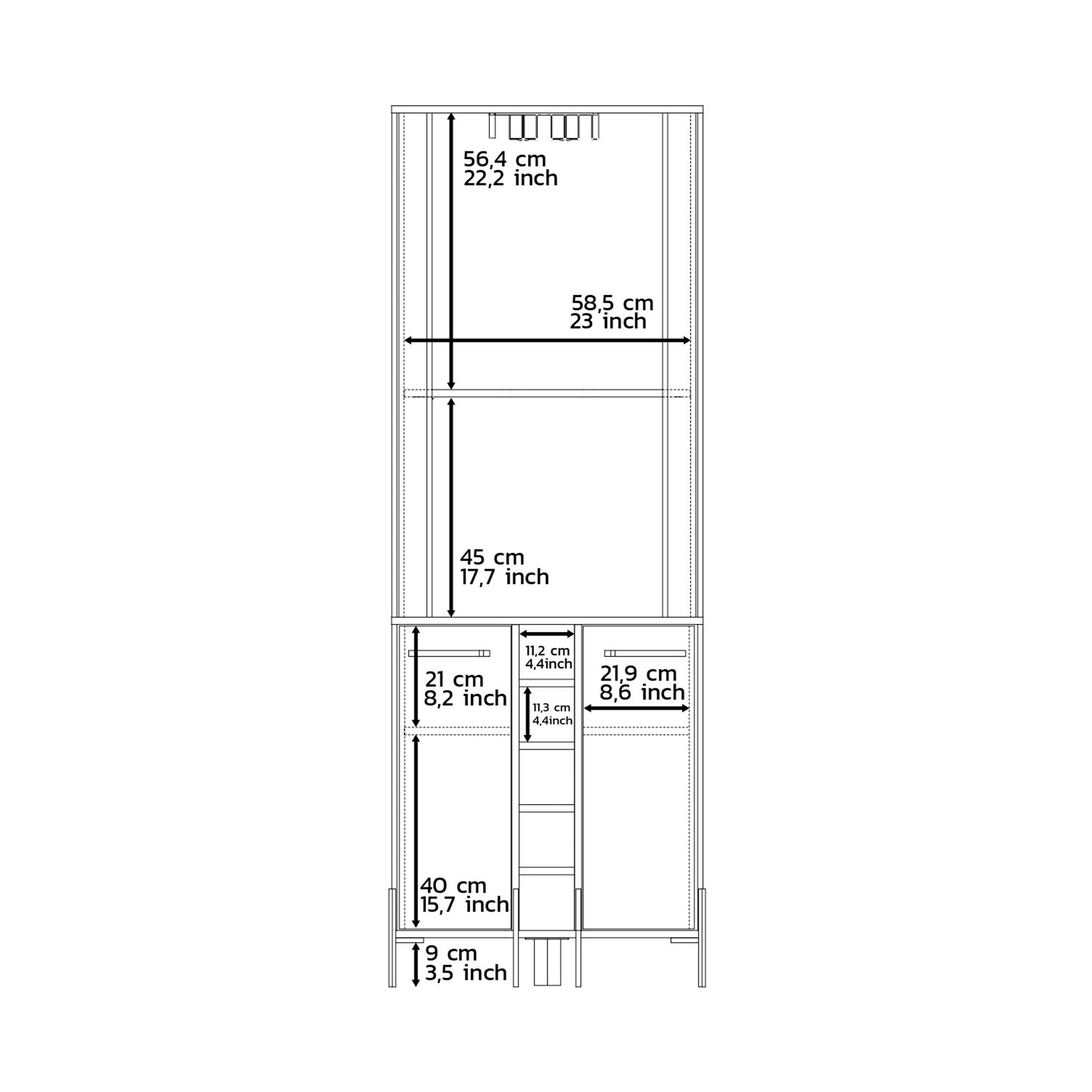 Blueprint diagram of a narrow storage cabinet showing dimensions for height width and depth of compartments