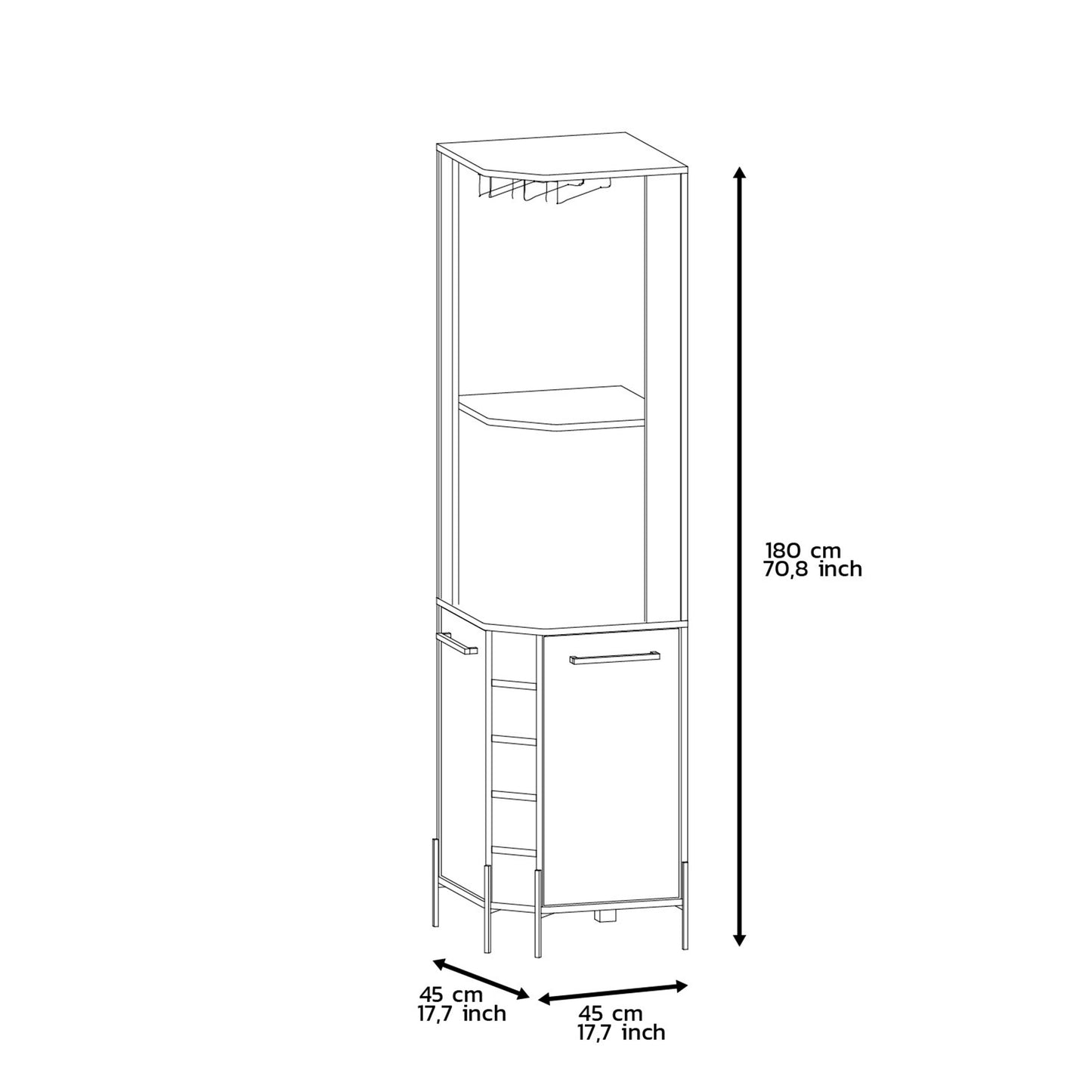 Corner shelving unit with hanging rail and cabinet doors