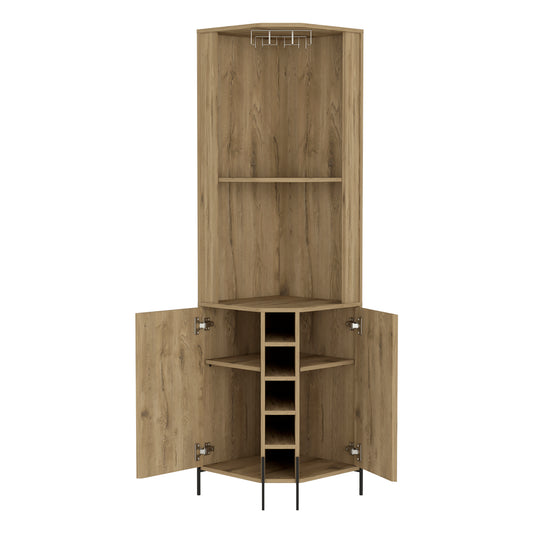 Wooden corner cabinet with open doors revealing wine rack and shelves