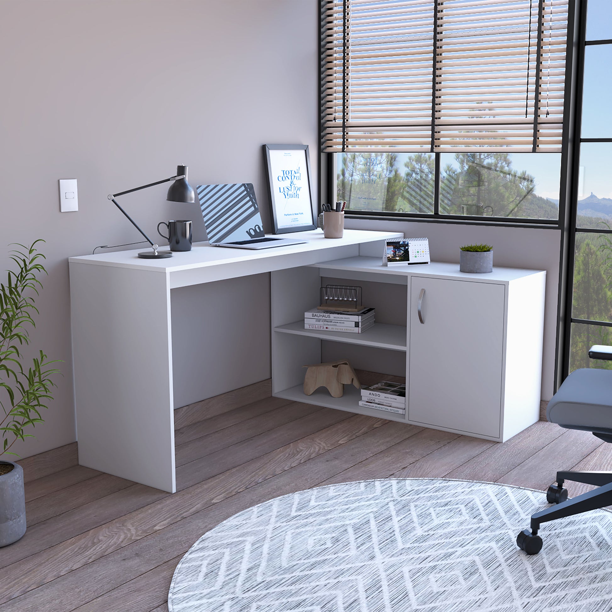 White modern Lshaped office desk with laptop and lamp