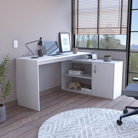 White modern Lshaped office desk with laptop and lamp