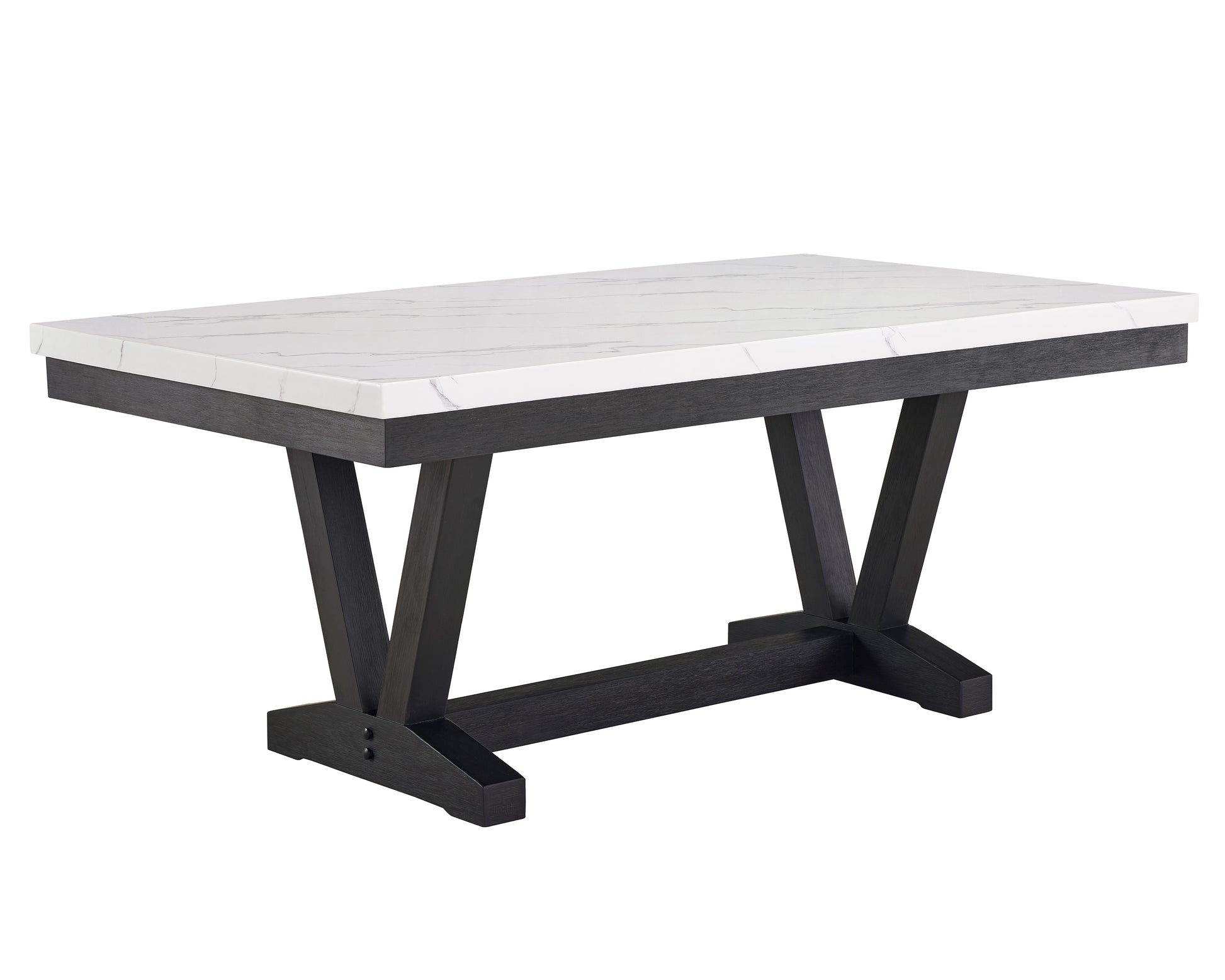 Rectangular white marble top dining table with dark wood base