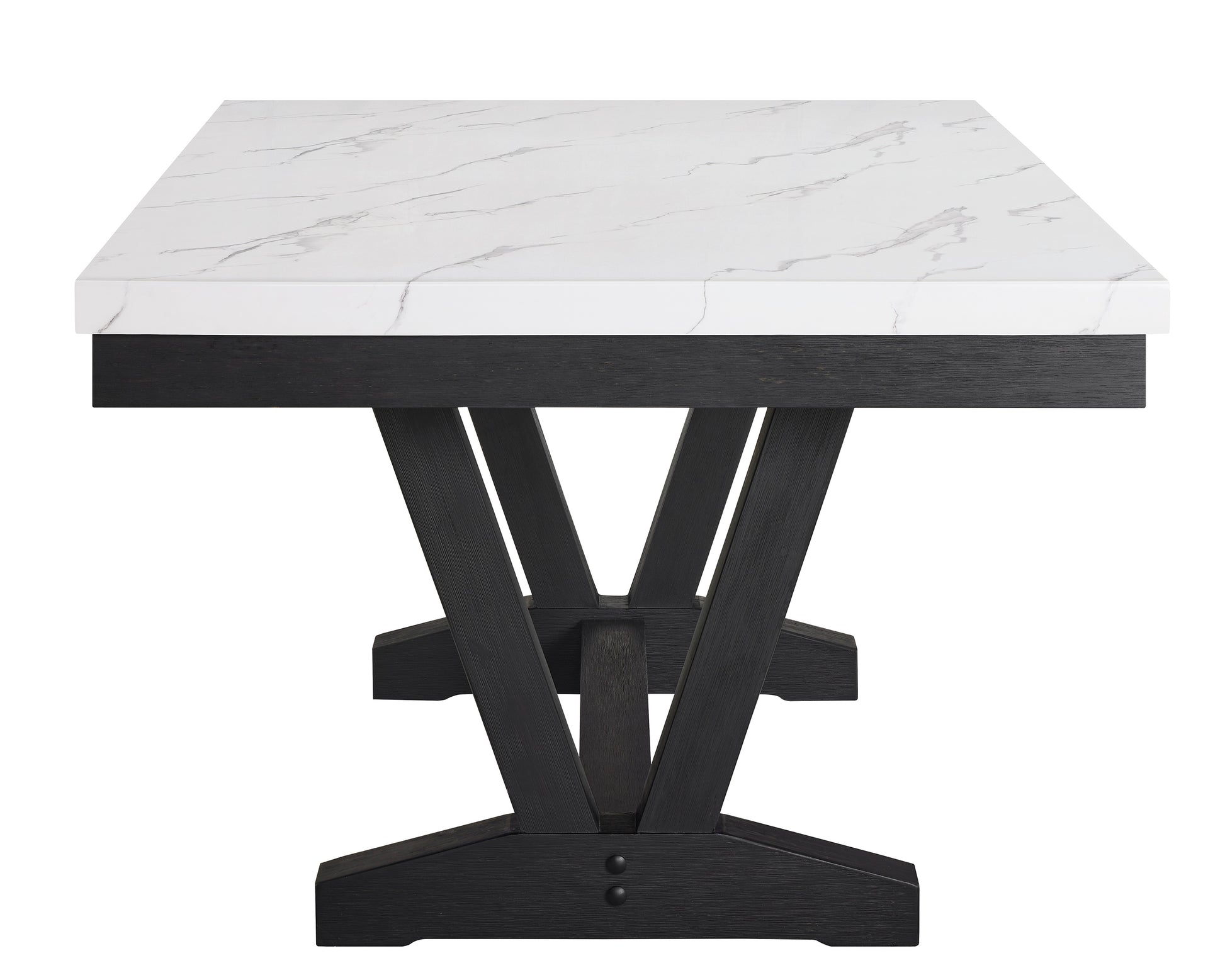 Rectangular dining table with white marble top and dark wood trestle base