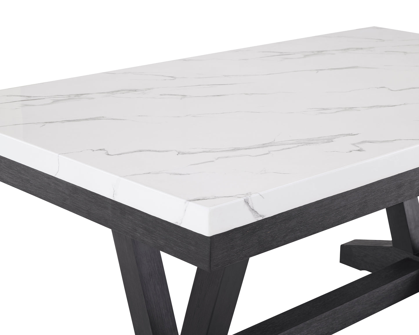 Modern dining table with white marblelook ceramic top and dark wood base