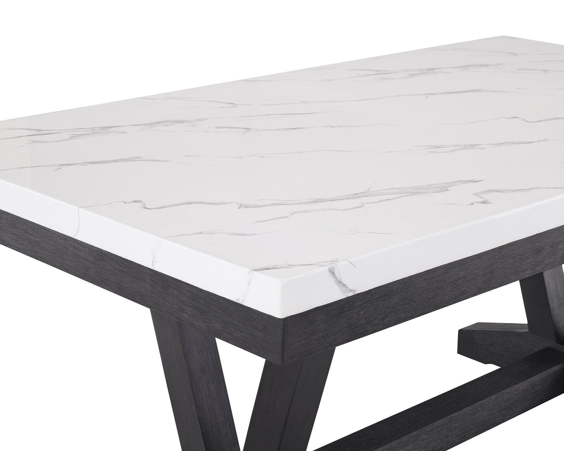 Modern dining table with white marblelook ceramic top and dark wood base