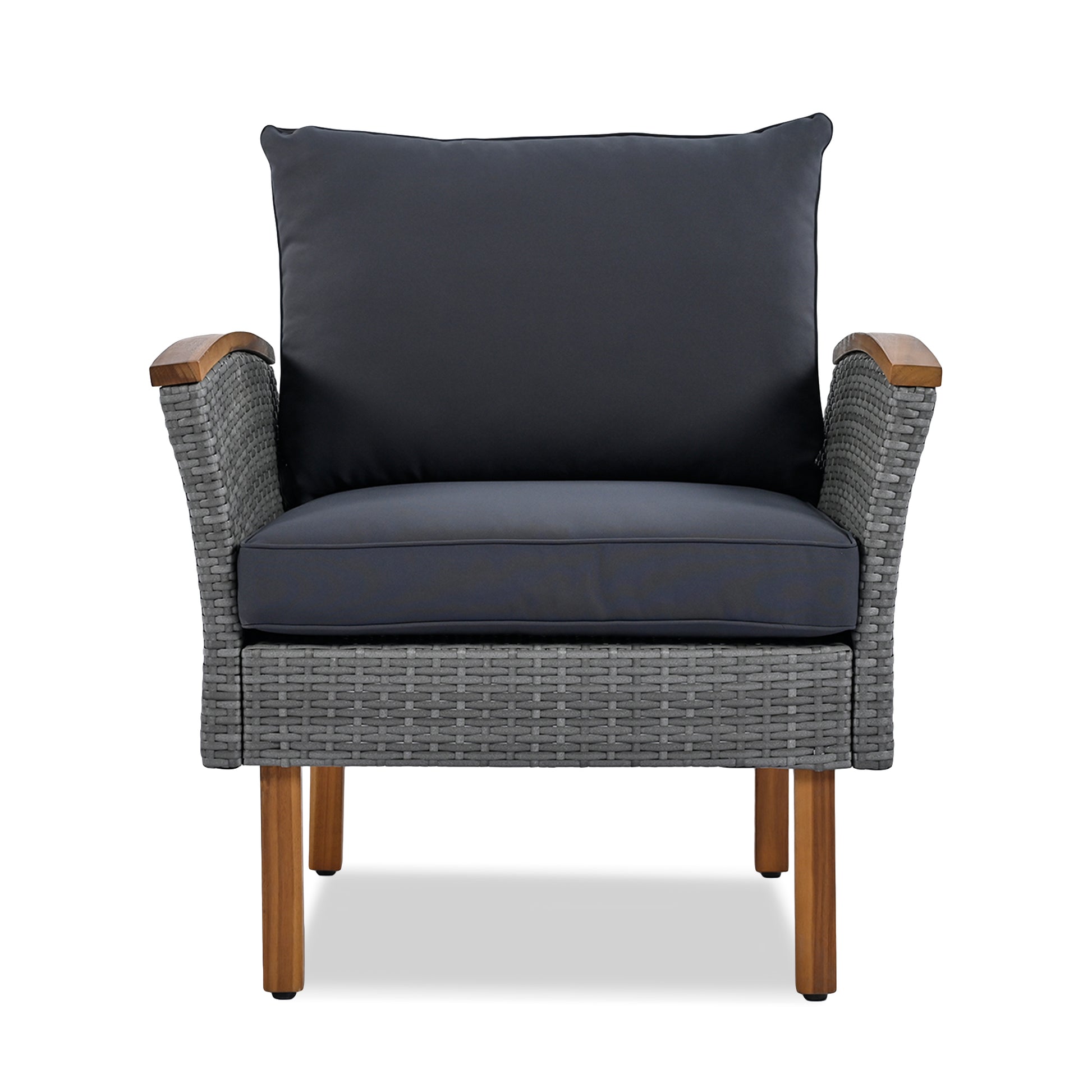 Gray rattan accent chair with dark gray cushions and wooden armrests for patio