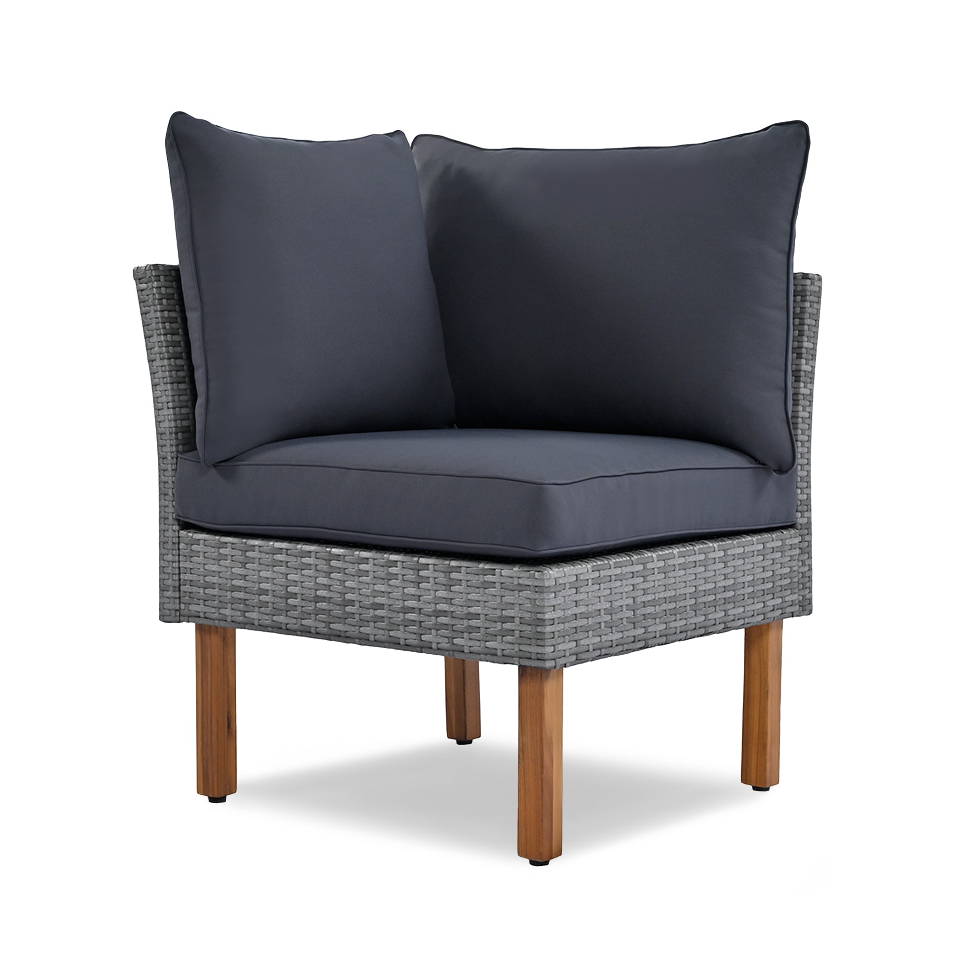 Grey rattan outdoor corner chair with dark grey cushions