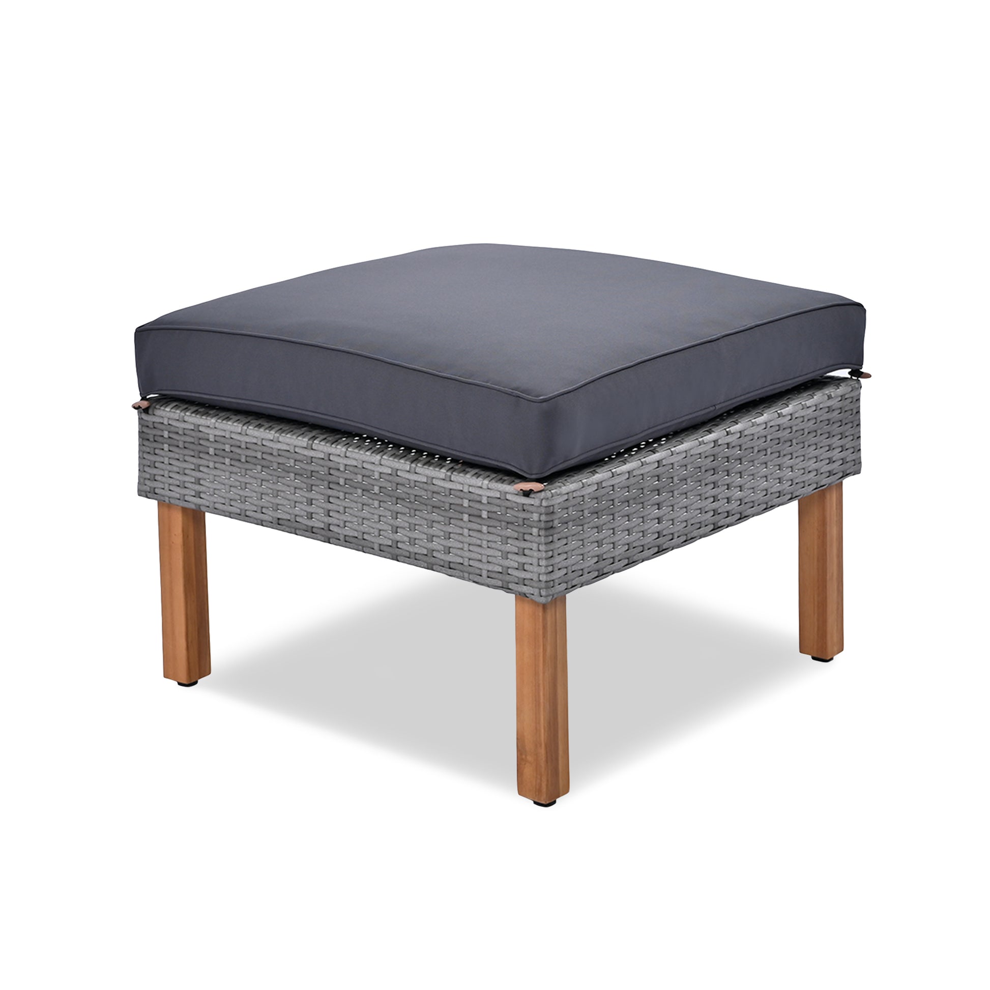 Gray wicker ottoman with dark gray cushion and wooden legs