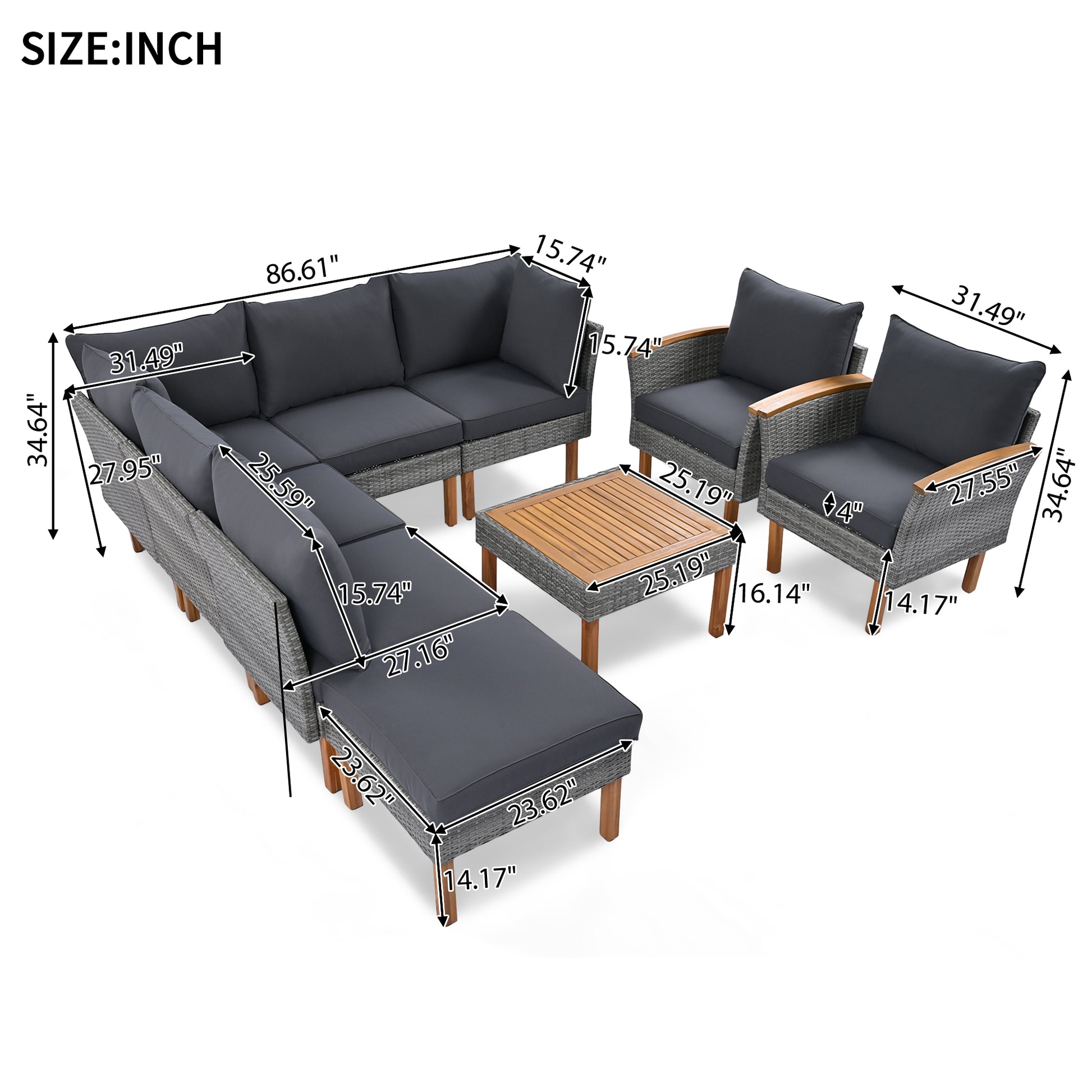 Gray wicker sectional patio furniture with dark cushions and wood accents