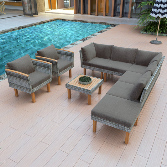 Gray rattan sectional patio furniture set with teak accents