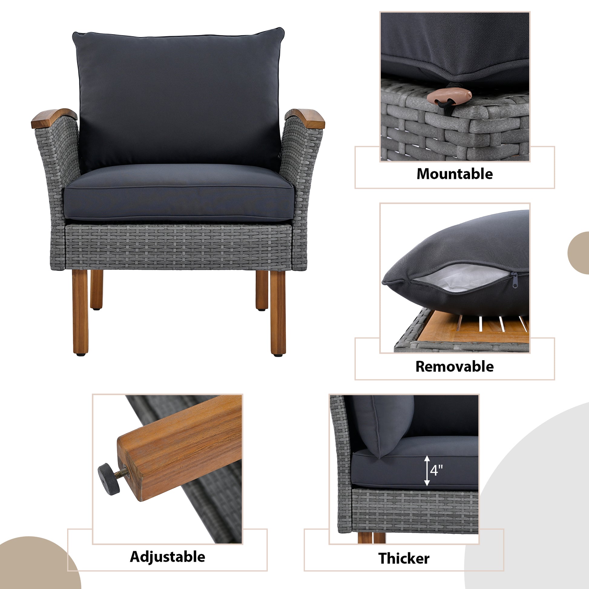 Gray wicker armchair with wooden legs and dark gray cushions