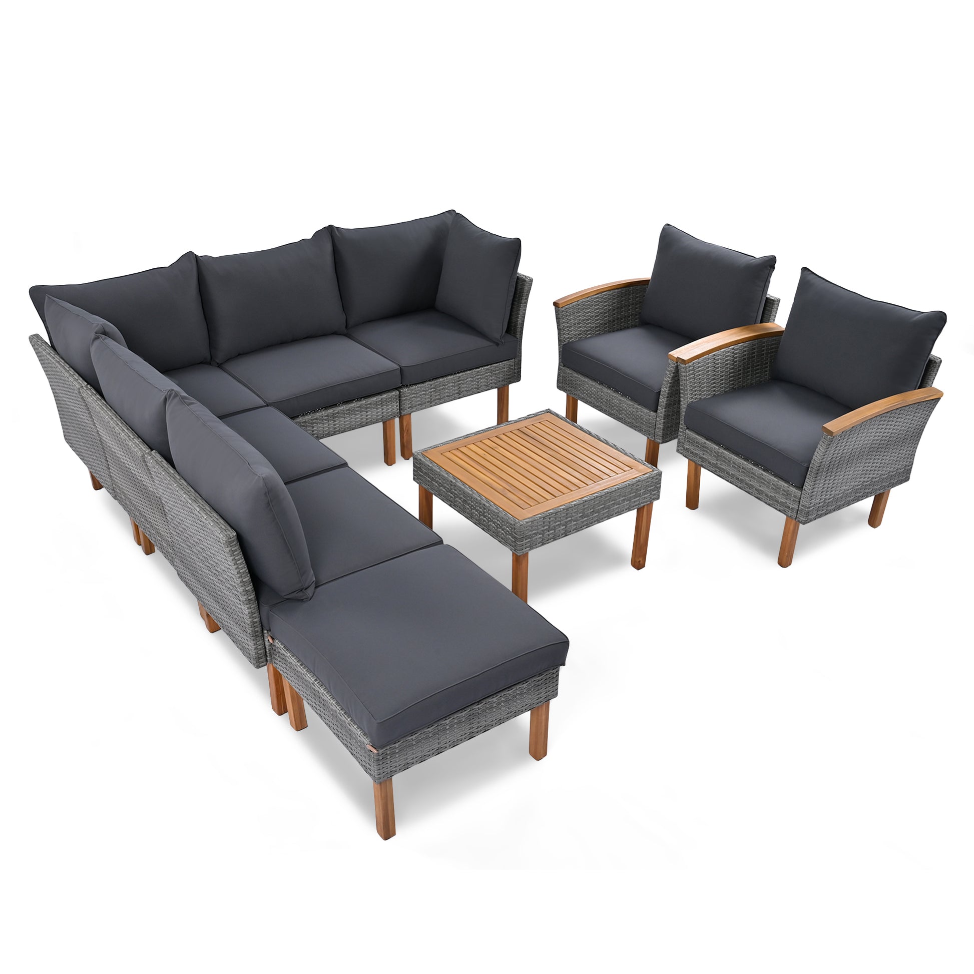 Grey wicker sectional sofa with dark cushions and wooden accents