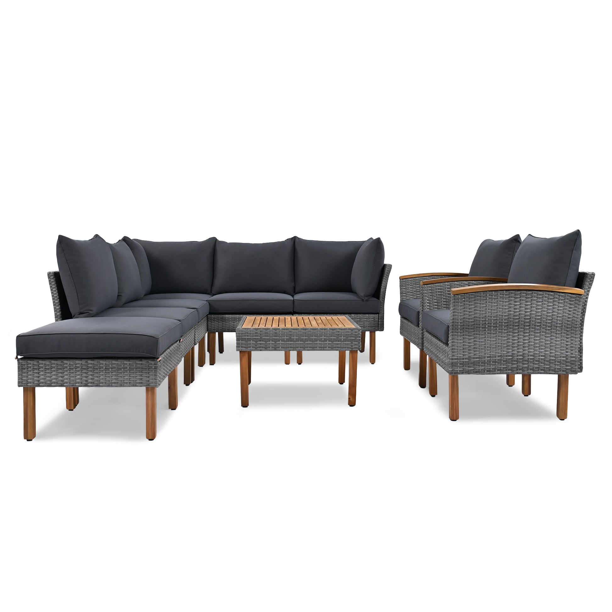 Grey wicker sectional patio furniture set with dark cushions and wooden legs