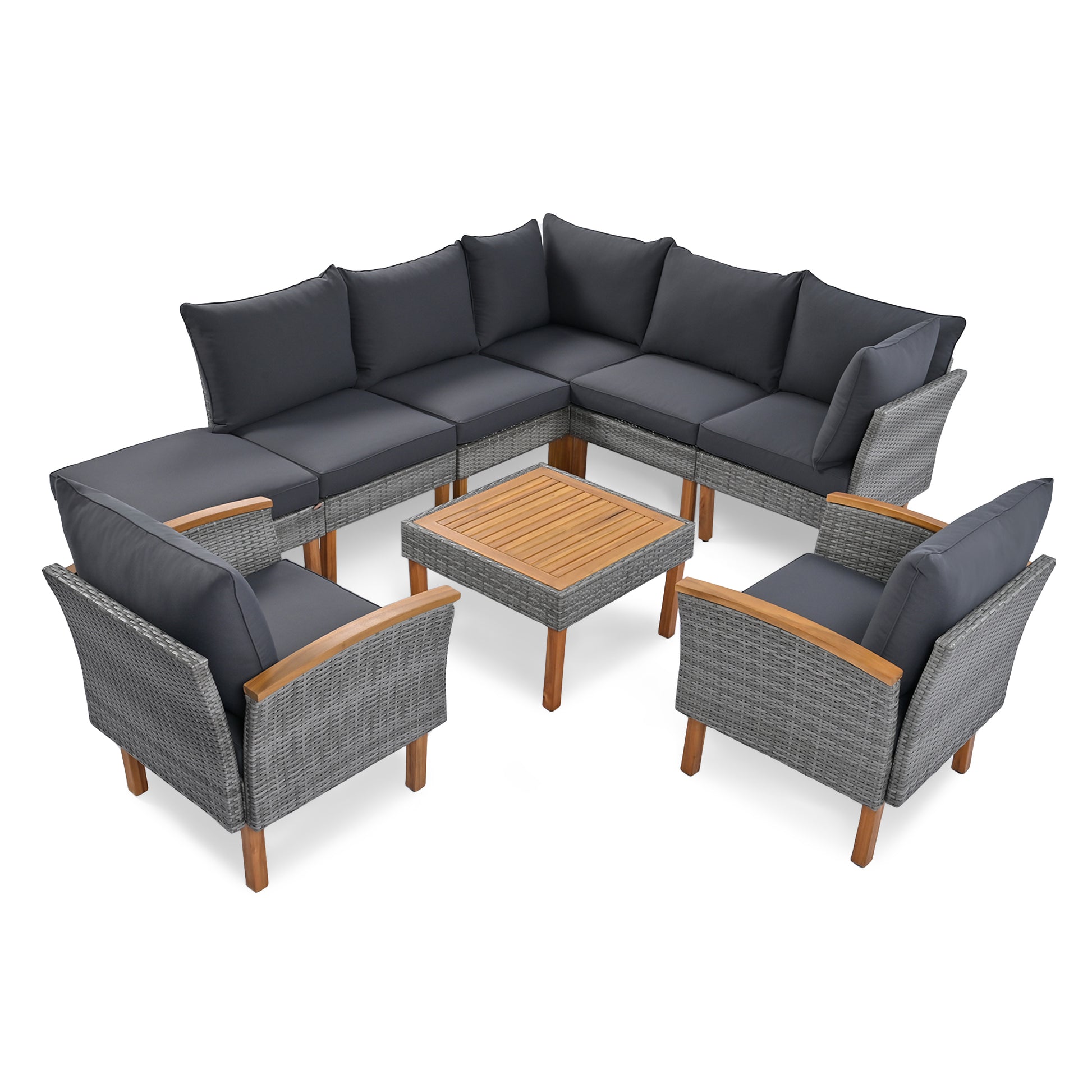 Grey wicker sectional outdoor sofa set with dark cushions and wooden accents