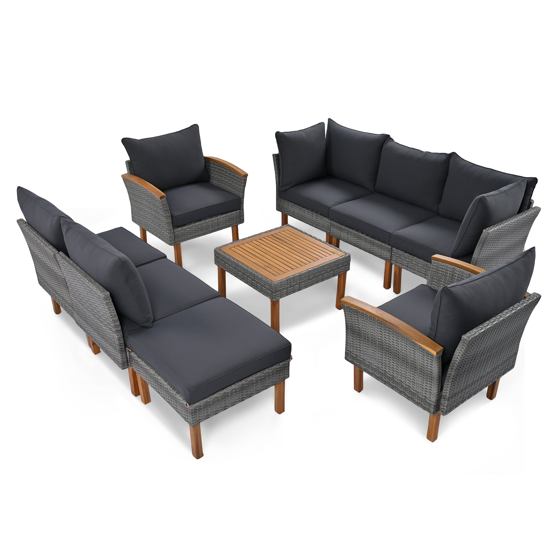 Gray wicker sectional patio furniture set with dark cushions and wooden accents