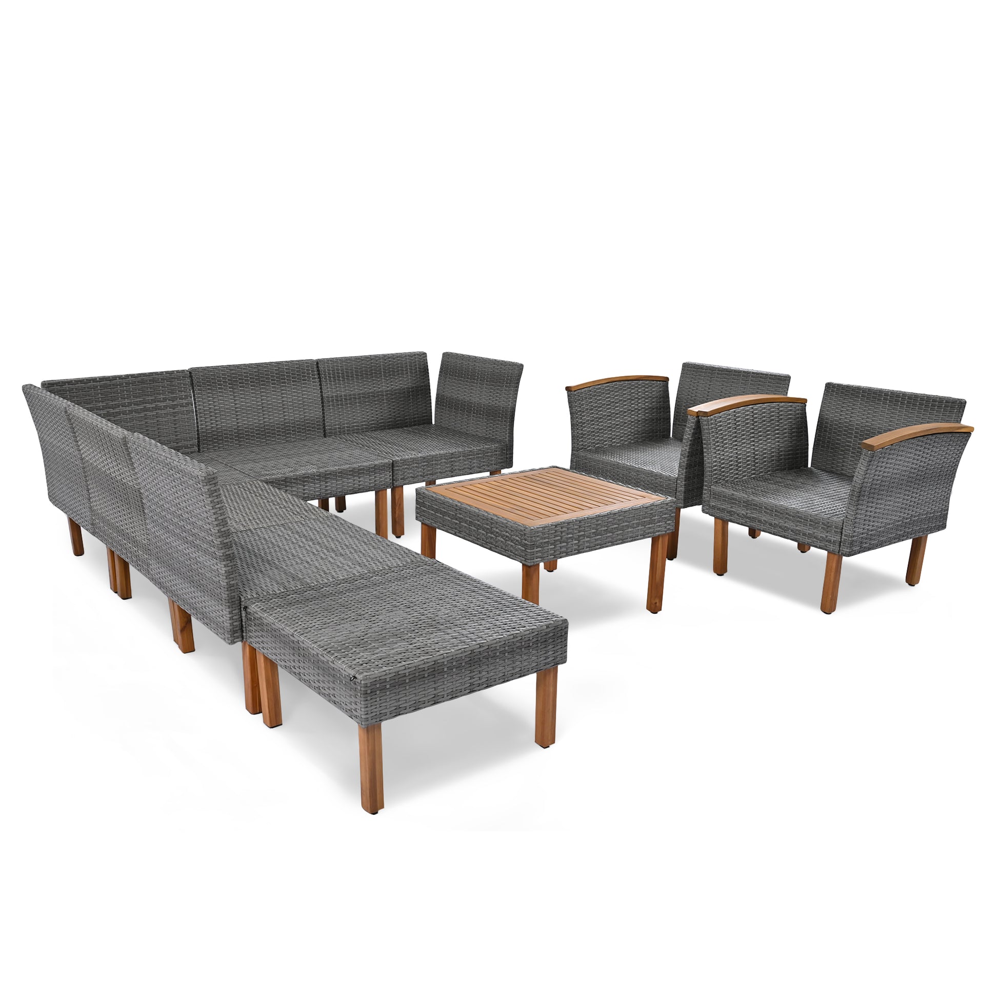 Gray wicker sectional outdoor furniture set with wood legs and coffee table