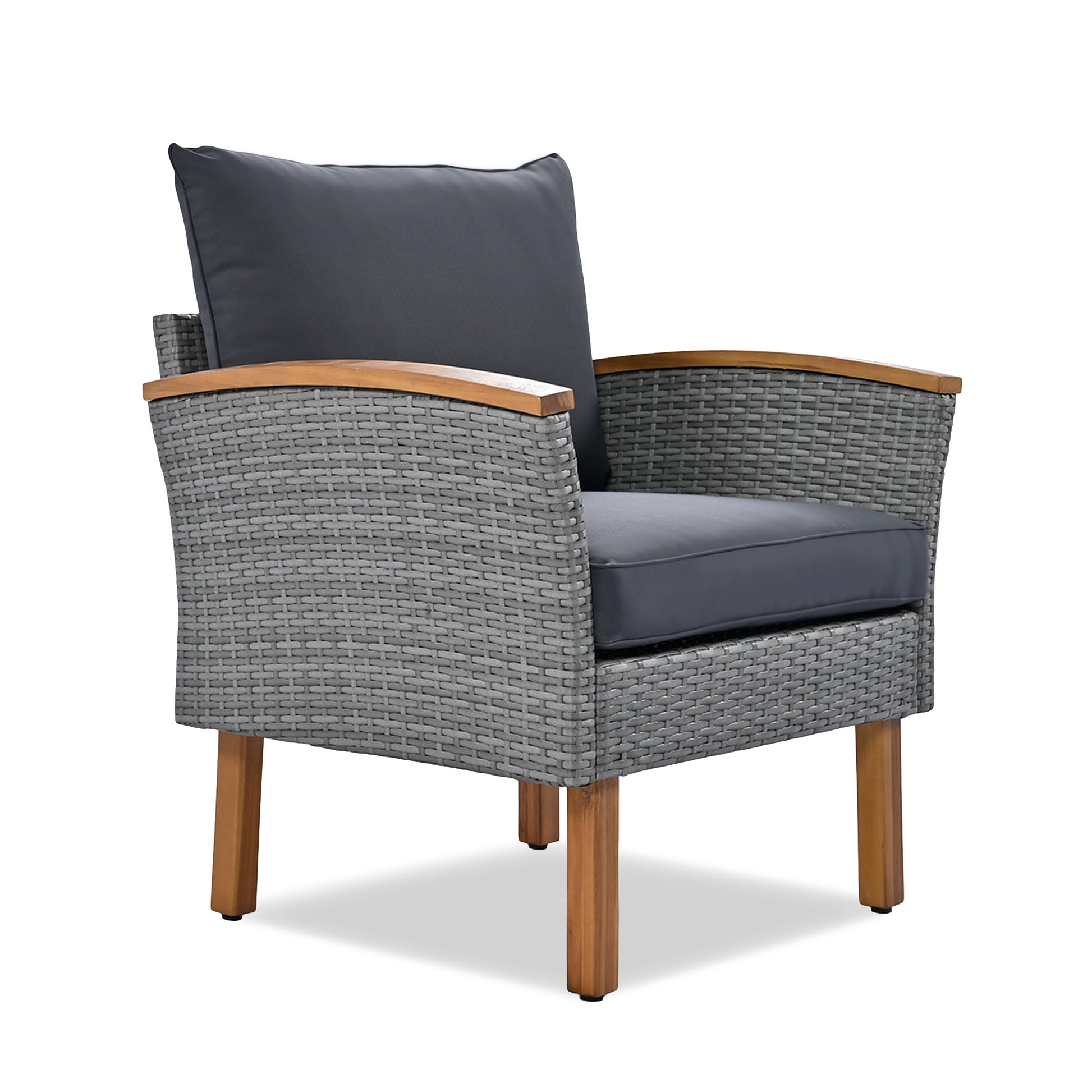 Gray rattan armchair with plush charcoal cushions and natural wood accents