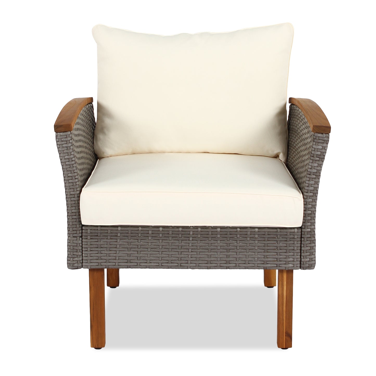 Gray wicker armchair with wood accents and cream cushions