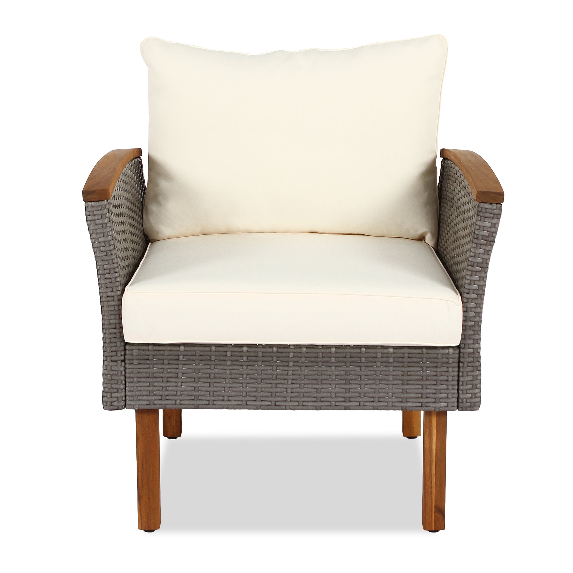 Gray wicker armchair with wood accents and cream cushions